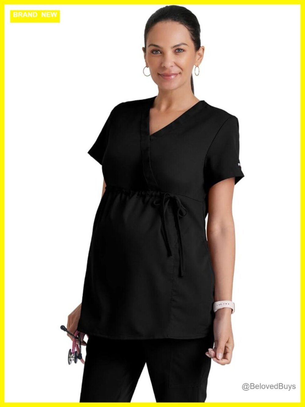 Maternity Scrub Top with Mock Wrap Front, Fitted Back, 2 Pockets